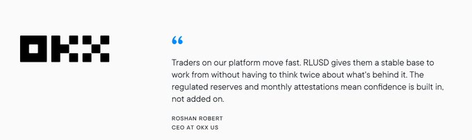 The image shows an OKX logo alongside a quote from Roshan Robert, CEO at OKX US, stating that RLUSD gives traders a stable base backed by regulated reserves and monthly attestations, reinforcing the post's message about Ripple's stablecoin being built for trust at scale.