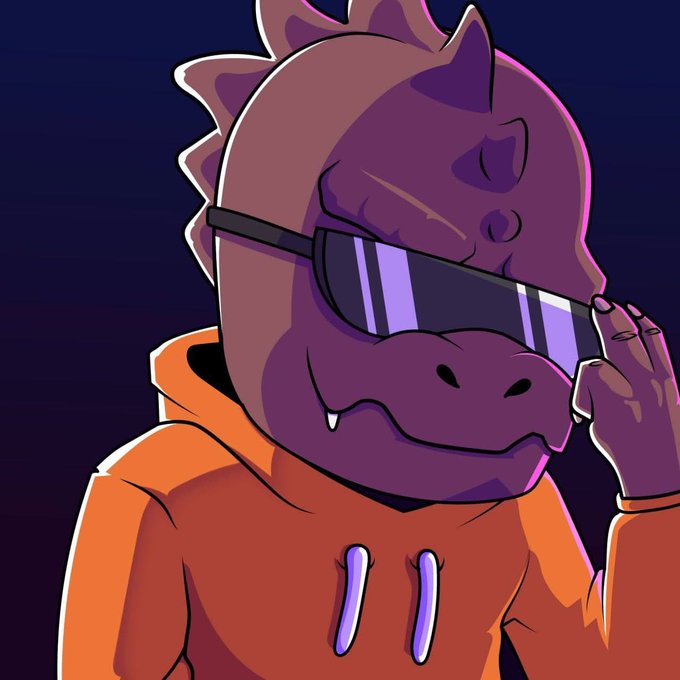 A purple anthropomorphic dinosaur character wearing dark shades and an orange hoodie adjusts their glasses with a confident smirk.