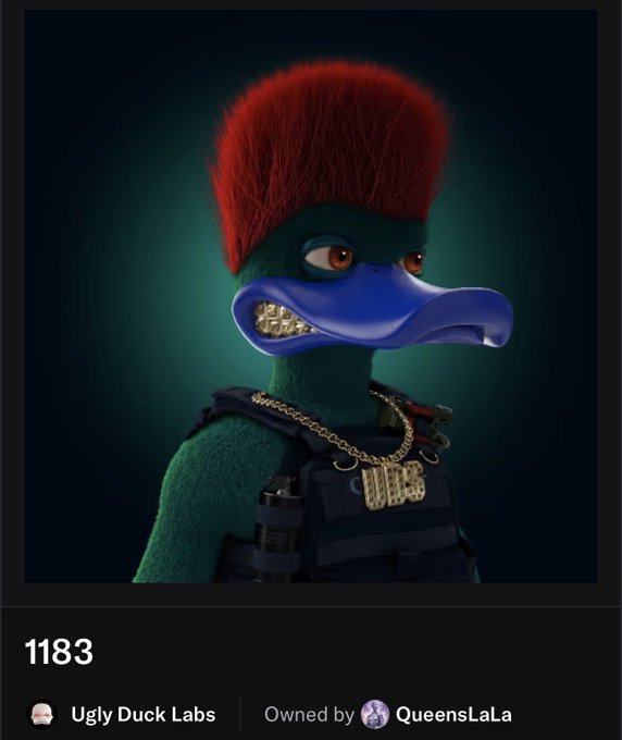 A 3D-rendered duck character with a red mohawk, blue bill, gold teeth, tactical vest, and "UDC" pendant necklace is displayed as NFT #1183 by Ugly Duck Labs, owned by QueensLaLa—visually embodying the post's message of confident conviction and personal investment in the project.