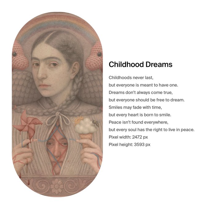 A surreal painting titled "Childhood Dreams" depicts a girl with braided hair, angel wings, and a rainbow halo, holding a pink pinwheel and an ice cream cone with a bee, alongside a poem about childhood. Text notes the pixel dimensions as 2472 px width by 3593 px height.