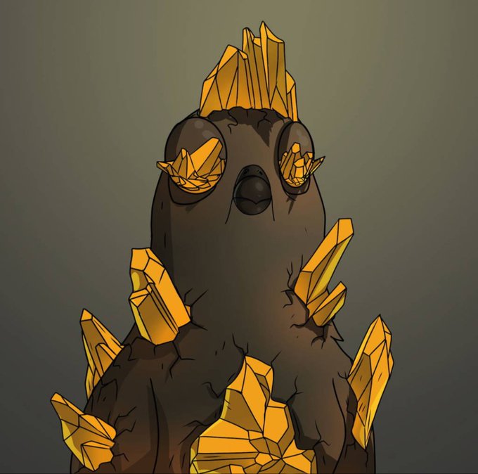 A cartoon illustration of a brown creature with large golden crystal formations growing out of its body and eyes.