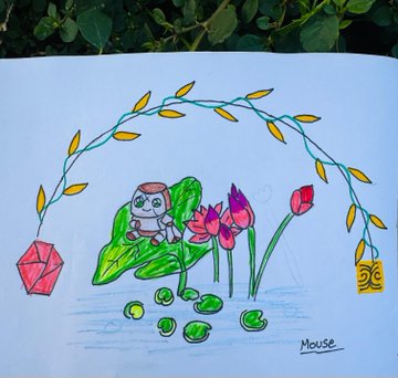A child's colorful drawing features a panda named "Rocky" sitting on a lily pad beneath a vine archway with a red envelope and yellow lantern, surrounded by lotus flowers and lily pads, signed "Mouse" in the corner—capturing the post's theme of a creative "SeismicSyn" character dreaming of privacy and blockchain artistry.
