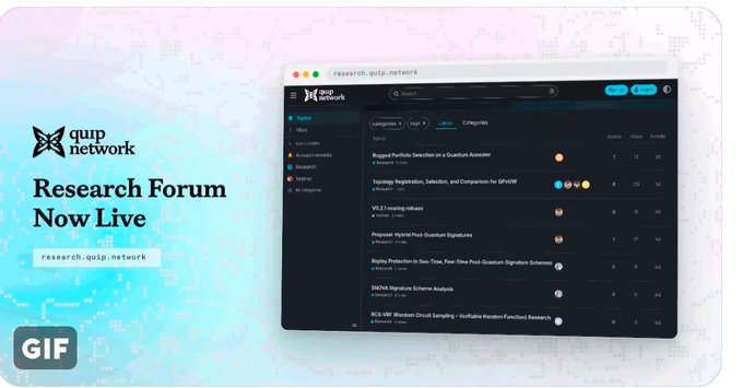 A promotional graphic announcing 'Research Forum Now Live' for 'quip network' at research.quip.network, displaying a mockup of their dark-themed research platform with quantum computing topics, marked as a GIF.