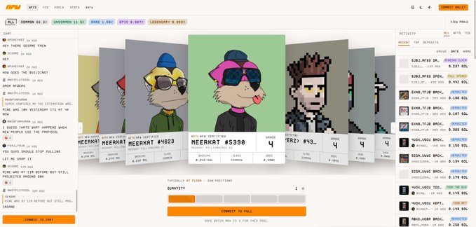 A screenshot of the NFTDUNK platform showing a pack-opening interface with a chat on the left discussing the site, while the center displays a row of unrevealed pixel-art NFT cards (including Meerkats #4823 and #5390) ready to be purchased, with the most recent buy being Meerkats #5390 for 0.099 SOL by taubermushroom. The image visually supports the tweet by showing the actual pack-purchasing experience mentioned, where users can open packs containing multiple NFT collections like these Meerkats on the NFTDUNK platform.