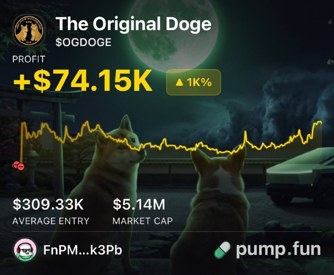 The image shows a Pump.fun profit tracker for "The Original Doge" ($OGDOGE), displaying a +$74.15K profit (up 1K%) with an average entry of $309.33K and a market cap of $5.14M, set against a background of two Shiba Inu dogs gazing at a full moon. This visually corresponds to the post's claim of a trader achieving a 12x return on $OGDOGE, with the "1K%" gain badge and substantial profit figure directly illustrating the impressive multiplier described.