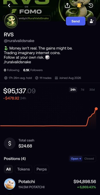 A trading profile page for 'RVS' (@ruralvalidsnake) on a platform, showing a portfolio value of $95,137.09 with a -$478.92 24h change, 6.1K followers, and a top position in Potatchi worth $94,898.56.
