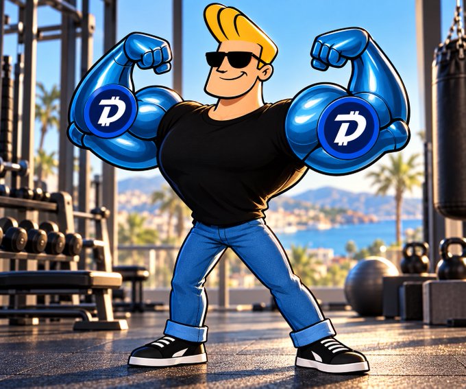 A 3D-rendered cartoon character of a muscular man with blonde hair and sunglasses, wearing blue boxing gloves with a 'D' logo, flexing his biceps in a gym setting.