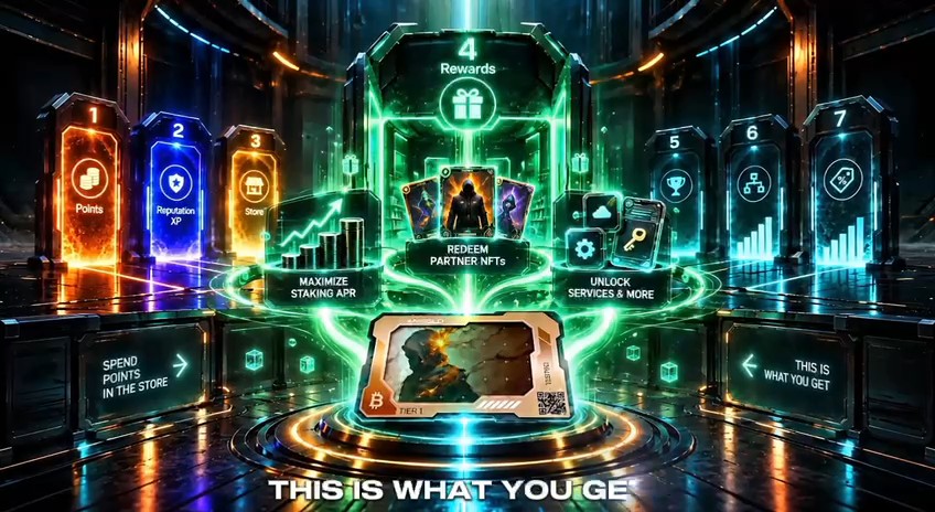 Futuristic promotional graphic showing a numbered system (1-7) with options like 'Points', 'Reputation XP', 'Store', 'Rewards', 'Maximize Staking APR', 'Redeem Partner NFTs', and 'Unlock Services & More', captioned 'THIS IS WHAT YOU GET'.