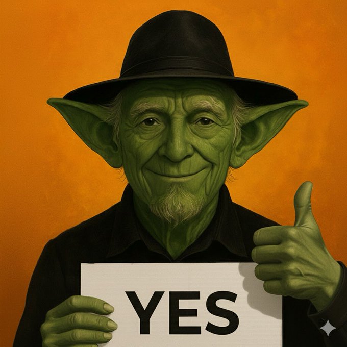 A green-skinned goblin-like figure wearing a black fedora gives a thumbs-up while holding a "YES" sign, visually reinforcing the DRep's affirmative vote on the proposal to withdraw 120,000,000 ADA for AlphaGrowth's Cardano PRIME initiative.