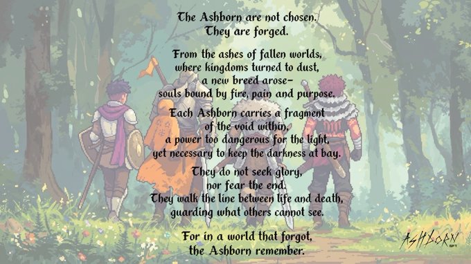 Fantasy-themed digital artwork showing three characters viewed from behind in a forest, overlaid with a poem titled 'Ashborn' that begins 'The Ashborn are not chosen. They are forged.'