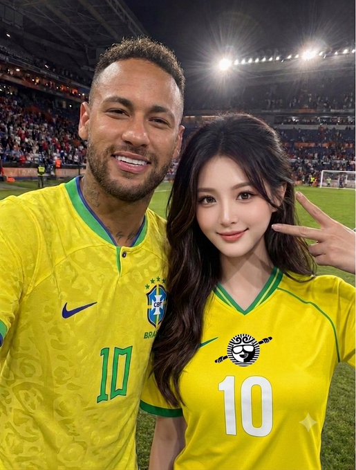 Brazilian football star Neymar, wearing the iconic yellow #10 Brazil jersey, poses for a selfie with a woman in a similar yellow #10 Brazil shirt on a stadium pitch. The image promotes a Brazil vs. Japan match giveaway where followers can win $SUN airdrops.