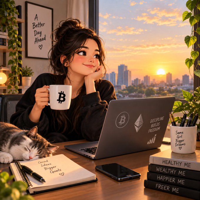 An illustrated young woman in a black sweatshirt holds a mug with a Bitcoin 'B' logo while sitting at a desk with a laptop displaying Bitcoin and Ethereum logos, a notebook reading 'Good Ideas Bigger Goals', a sleeping cat, and books stacked 'HEALTHY ME', 'WEALTHY ME', 'HAPPIER ME', 'FREER ME'; a framed picture reads 'A Better Day Ahead' and a mug says 'Same Girl Bigger Dreams'.
