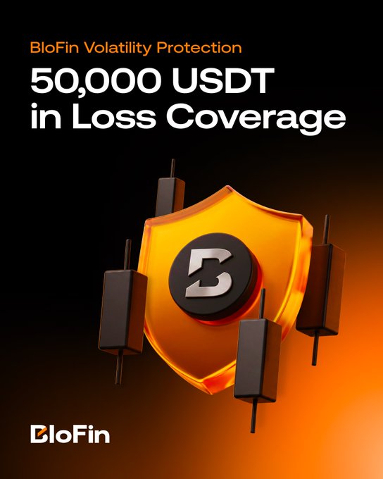The image showcases BloFin's Volatility Protection campaign, prominently displaying "50,000 USDT in Loss Coverage" alongside an orange shield emblem with the BloFin "B" logo, reinforcing the post's message about trading with loss coverage protection during the promotional period.
