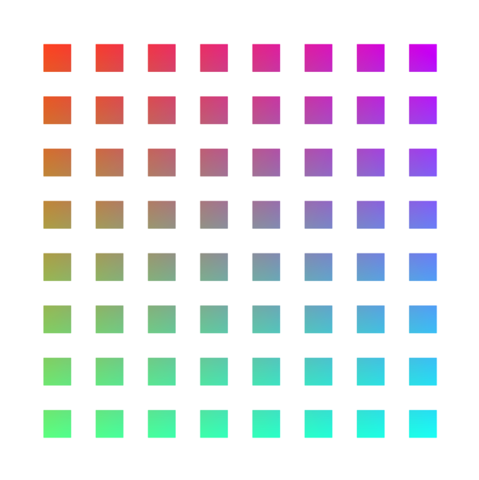 A color palette grid showing squares transitioning from orange and red tones in the upper left to purple, blue, and green hues in the lower right.