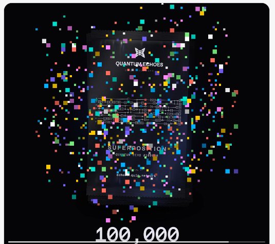 A graphic celebrating a milestone of '100,000' with a 'Quantum Heroes' interface partially obscured by colorful confetti-like pixels.