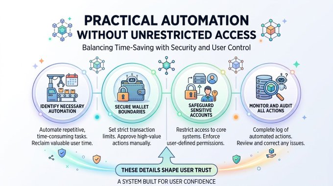 An infographic titled 'PRACTICAL AUTOMATION WITHOUT UNRESTRICTED ACCESS' illustrating four key principles: identify necessary automation, secure wallet boundaries, safeguard sensitive accounts, and monitor and audit all actions.