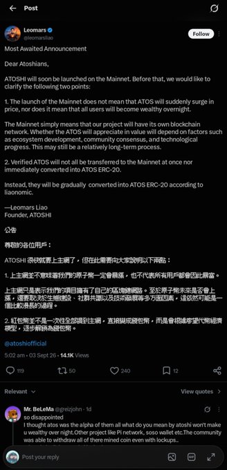 A social media post from Leomars (@leomarsliso), Founder of ATOSHI, announces that ATOSHI will launch on the Mainnet, explaining the points in English and Chinese.