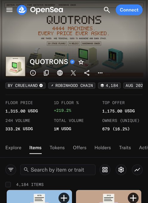 A screenshot of an OpenSea NFT collection page for "QUOTONS" on the Robinhood Chain shows a floor price of 1,315.00 USDG with 4,184 items and a 1D floor change of +219.2%, illustrating the rapid price surge that the poster observed overnight after being tipped off at $600. The image highlights the collection's 333.2K USDG in 24-hour volume and 679 unique owners, supporting the poster's excitement about opportunities emerging on the Robinhood chain.