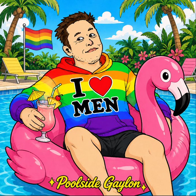 The image features a cartoon man wearing a rainbow-colored hoodie with "I love men" written on it, sitting on an inflatable pink flamingo. The background of the image shows palm trees and a pool, creating a fun and colorful atmosphere. The caption for the image reads "Gaylon Musk is getting ready to launch. Ideas, memes, stickers, cursed art, and anything that belongs in the Gaylon universe go straight to DM."