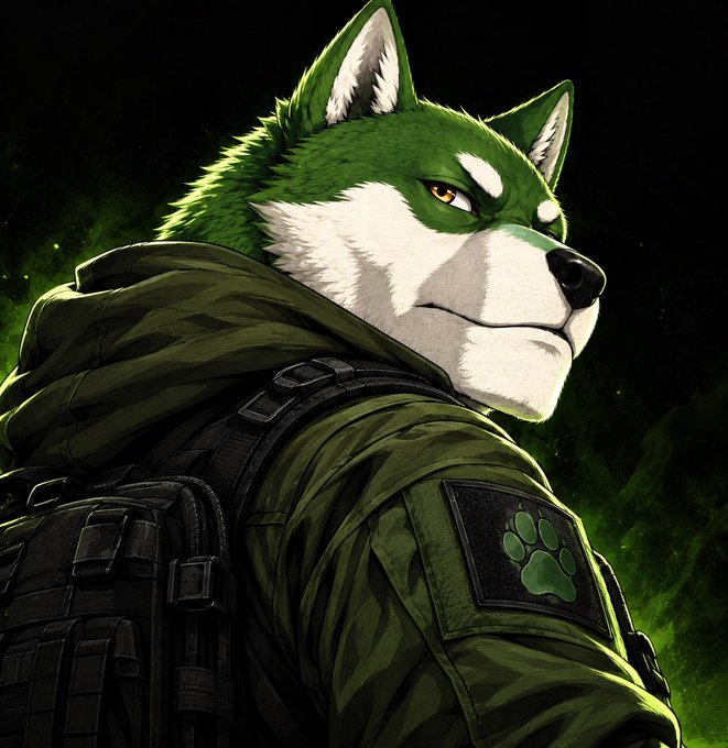 An illustrated anthropomorphic wolf character in green tactical military gear with a hood, backpack, and a green paw-print patch on the shoulder, set against a dark green glowing background.