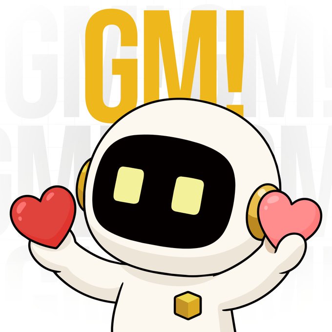 A cartoon robot character with heart-shaped eyes and hearts in its hands, with large yellow 'GM!' text in the background.