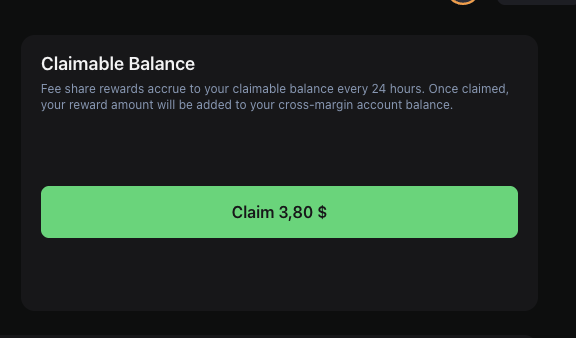 A dark-themed interface displays a "Claimable Balance" section with a green "Claim 3,80 $" button, showing the user's accumulated fee share rewards that will be transferred to their cross-margin account balance. The $3.80 claim amount reflects a higher weekend distribution, supporting the post's note about Phoenix distributing rewards generously on Saturdays.