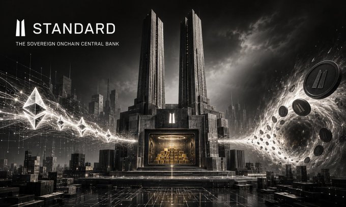 A dark, dramatic digital poster for 'STANDARD - THE SOVEREIGN ONCHAIN CENTRAL BANK' featuring two towering skyscrapers, a golden vault, and swirling cosmic energy with Ethereum logos.