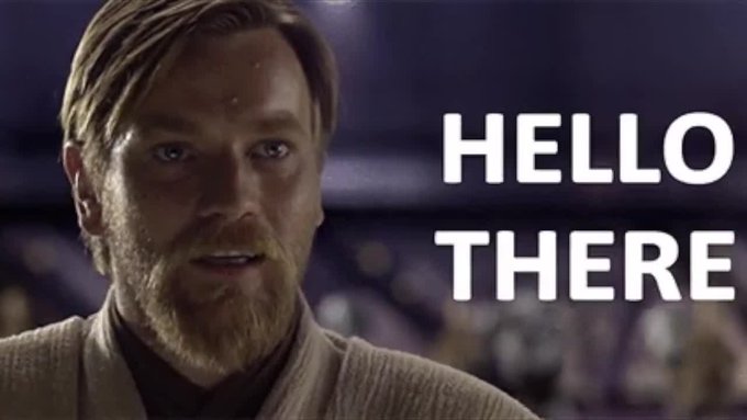 A close-up of Obi-Wan Kenobi from Star Wars with a slight smirk, accompanied by large white text reading "HELLO THERE" on the right side of the image. The meme humorously greets the "Ponsfamily fork" mentioned in the post, referencing the classic Obi-Wan line to playfully acknowledge Fable's ability to handle the blockchain fork without platform fees, all directed to pez.family.