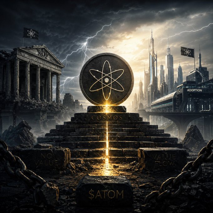 A dramatic digital artwork featuring a glowing atom symbol labeled 'COSMOS' atop a stone pyramid labeled 'SATOM', with ancient ruins and futuristic skyscrapers in the background.