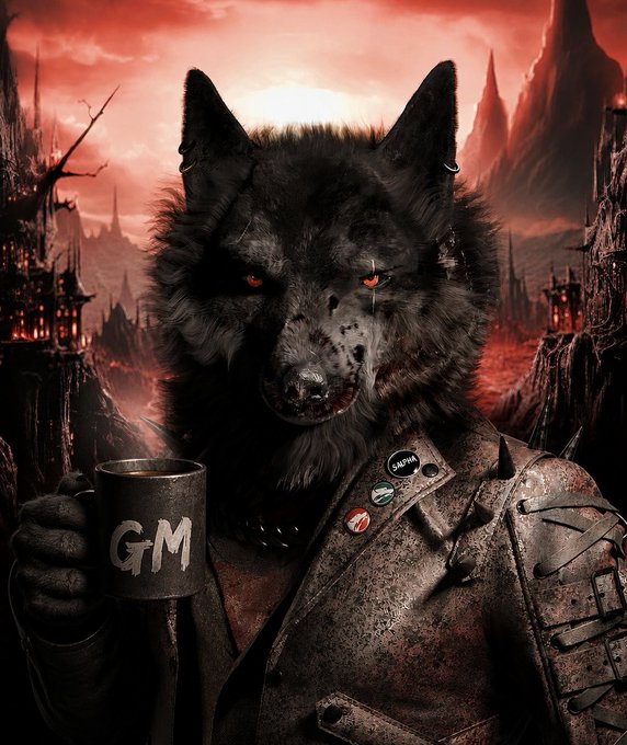 A digital artwork of an anthropomorphic black wolf with glowing red eyes, wearing a leather jacket and holding a metal mug that says 'GM', set against a red apocalyptic background.