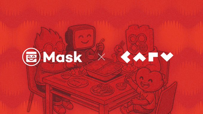 The image features a red-toned illustration of four cartoon characters—including a TV-headed figure and a flame character—enjoying a hotpot meal together, with logos for "Mask" and "CARV" displayed prominently in the center, visually representing the Web3 hotpot gathering mentioned in the post.