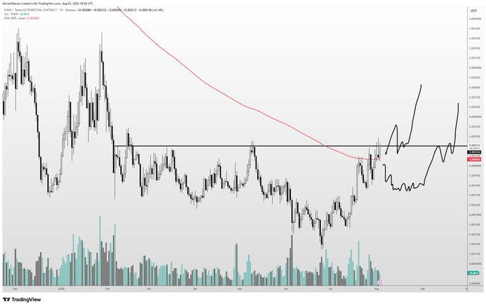 The image shows a TradingView chart for PUMP/USDT (1D timeframe) on the BYBIT exchange, featuring candlestick price action, a red moving average line, and a black horizontal resistance level around $0.00290, with volume bars below. The post aligns with the chart, suggesting patience for a better entry point above or below current levels rather than buying at the immediate price, while acknowledging the asset's continued bullish structure.
