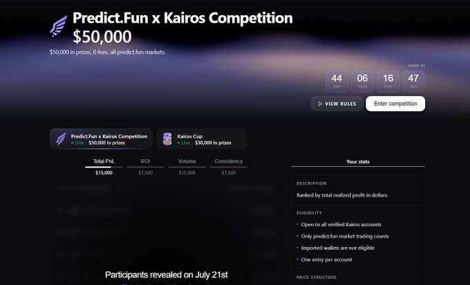 A promotional page for the "Predict.Fun x Kairos Competition" featuring a $50,000 prize pool with a countdown timer and prize breakdowns across five categories (Total PnL $15K, ROI $7.5K, Volume $15K, Consistency $7.5K), highlighting the Kairos Cup tier with $30,000 in prizes for live trading.