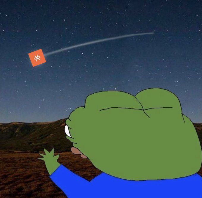 A cartoon Pepe the Frog gazes at a starry sky where an orange flag labeled "₿" (Bitcoin symbol) streaks across like a shooting star. The image playfully illustrates the post's message about a new milestone for Bitcoin—being able to stake BTC while keeping it liquid—made possible through Stacks, which has distributed 4,200 BTC in yield, reached $614M in sBTC TVL, and grown an ecosystem of 51 protocols.