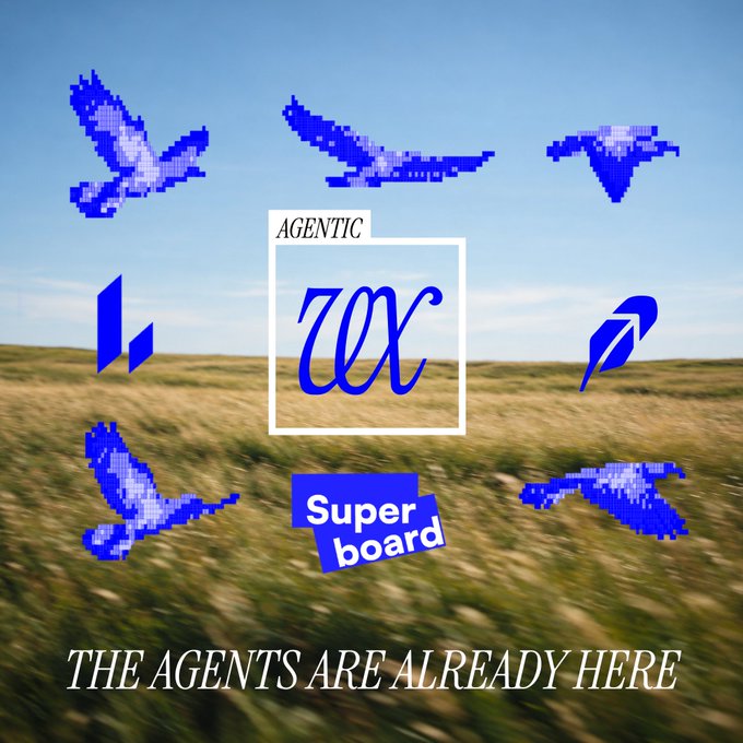 A pixelated graphic with the word "AGENTIC VEX" at its center is displayed against a blurred field background, surrounded by blue pixel-art birds in flight, with "Superboard" and "THE AGENTS ARE ALREADY HERE" written below, visually reinforcing the post's announcement of VEX launching an agentic trading campaign on Lighter and Robinhood.