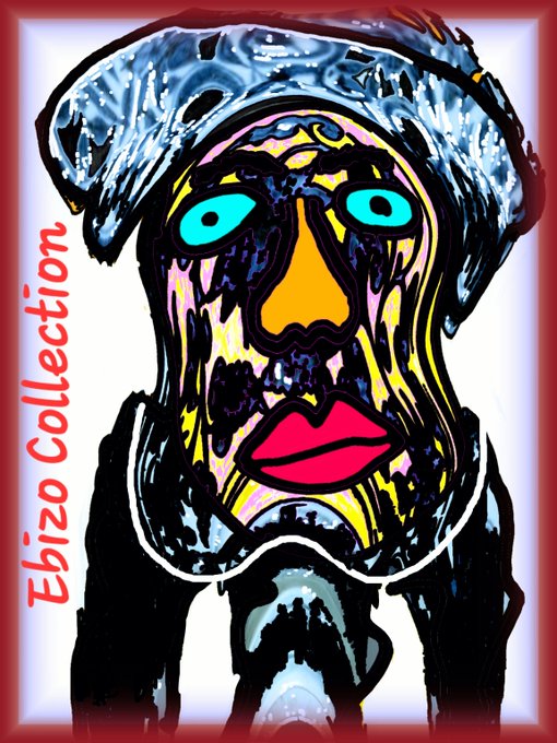 A stylized, colorful pop-art portrait of a figure with a metallic headpiece and bright makeup, with vertical red text reading 'Ebizo Collection' on the left side.