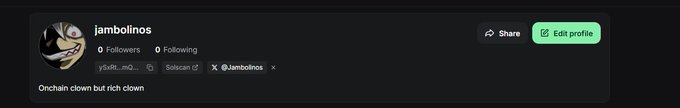 The image shows a profile page for "jambolinos" (@jambolinos), a user with 0 followers and 0 following, whose bio reads "Onchain clown but rich clown." The profile links to a pumpfun username and displays tags including "Solscan" and "X @jambolinos," which aligns with the post's giveaway rules requiring followers to follow the account on both pumpfun and X to win 0.2 SOL.