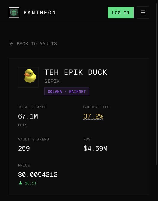 A Pantheon platform vault page for 'TEH EPIK DUCK' ($EPIK) on Solana Mainnet, showing 67.1M total staked, 259 vault stakers, 37.2% current APR, $4.59M FDV, and a price of $0.0054212 (up 16.1%).