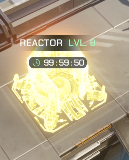 A screenshot from a video game showing a glowing yellow holographic 'REACTOR LVL. 8' device on a platform with a countdown timer at 99:59:50.