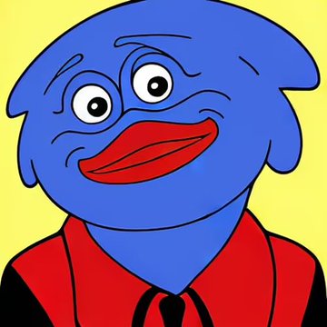 A cartoon illustration of a blue dolphin-like character with large red lips wearing a red and black collared shirt against a yellow background.