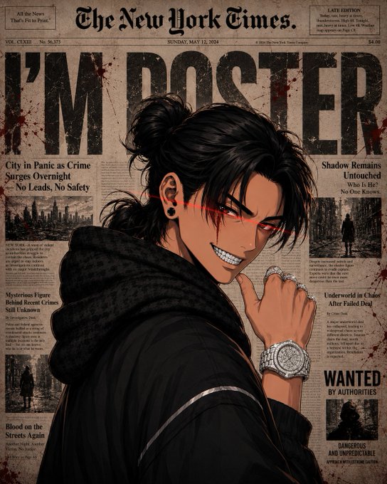 The image is an anime-style illustration styled as a "New York Times" front page dated Sunday, May 12, 2024, featuring a dark-haired male character with red glowing eyes and a sinister grin, prominently titled "I'M DARKER" with headlines like "City in Panic as Crime Surges Overnight" and "Shadow Remains Untouched." It relates to the post's theme of growth through aligned partnerships, as the character's menacing "I'm Darker" persona and "WANTED" poster symbolize standing out and cultivating a strong, mutually beneficial network rather than superficial numbers.