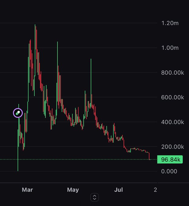A crypto candlestick chart showing a massive pump to ~1.20m followed by a steep decline to 96.84k, with a purple circle highlighting an early rally point. The chart visually illustrates the post's theme of rapid pumps and dumps, where initial excitement (circled candle) gives way to a devastating downtrend as holders sell and move on.