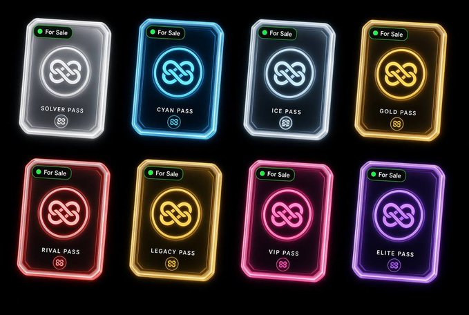 The image displays eight neon-styled digital passes available for sale, each featuring a chain-link infinity symbol: Solver Pass, Cyan Pass, Ice Pass, Gold Pass, Rival Pass, Legacy Pass, VIP Pass, and Elite Pass. This relates to the post about checking loop allocations on solloop.fun, as these vibrant passes likely represent the different tiers or types of "loops" users may have been allocated.