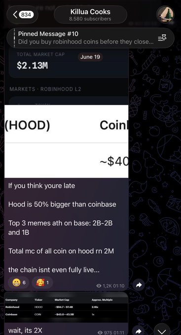 A screenshot of a Telegram channel called "Killua Cooks" (8,580 subscribers) shows a pinned message promoting Robinhood (HOOD) coins, claiming the chain is not fully live and highlighting a $2.13M market cap with the ticker COIN trading around $40, referencing a "generational run" opportunity.