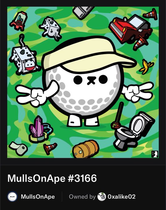 NFT listing for "MullsOnApe #3166" owned by Oxalike02, featuring a cartoon golf-ball-headed character in a visor surrounded by various objects on a green camouflage background.