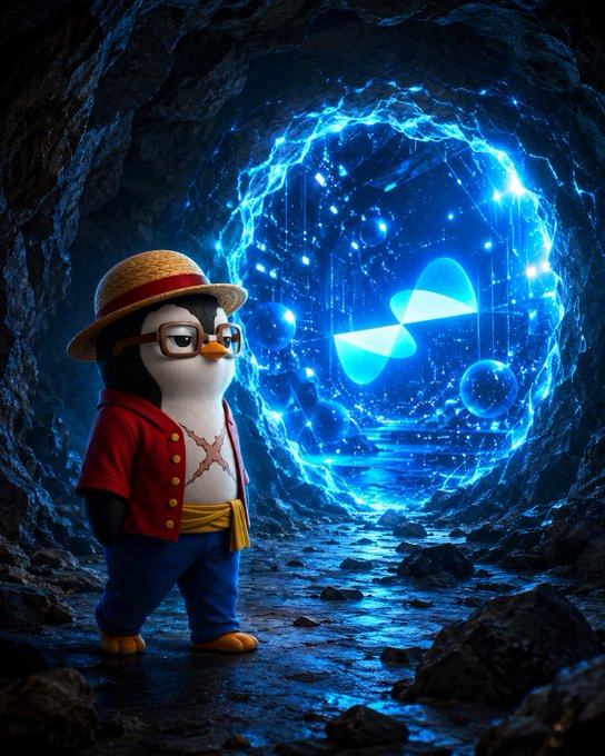 The image features a penguin standing next to a blue portal or tunnel with a light blue background. The penguin appears to be wearing glasses, a red jacket, and a straw hat. The penguin seems to be looking through the portal, possibly intrigued by what lies beyond it. The post includes text that references a "qubit network" and talks about a "real qubit", which could suggest that this image is related to a discussion or project involving quantum computing and its applications in cryptography.