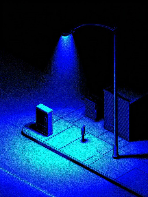 The image features a street lamp with a blue light at its base, casting a glow that illuminates the surroundings. A person can be seen standing near the street lamp, possibly waiting or just passing by. The scene appears to be captured from an aerial perspective, providing a unique view of the area below.