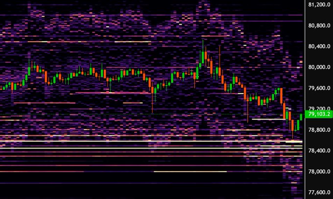 A candlestick price chart of Bitcoin ($BTC) shows recent price action around $79,103.20, with dense purple volume profile heatmaps revealing significant support zones below current levels where bids are appearing, aligning with the post's expectation of a bounce toward the $83-84k target.