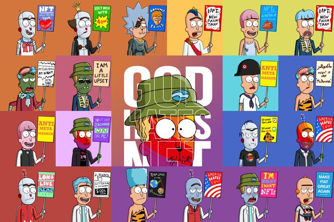 A colorful grid of NFT-style cartoon avatars with various protest signs reading "NFT NEW F*CKIN TRANS!", "ANTI META METAVERSE". The center is overlaid with "COLD HEART NFT" text and a character wearing a bucket hat with a melting face.