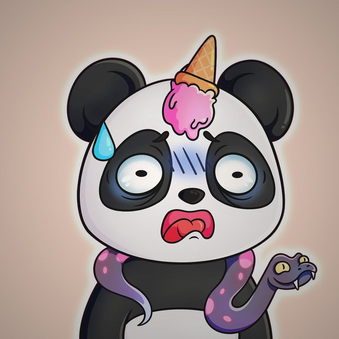 A cartoon panda looks horrified with wide eyes, a sweat drop, and tongue out as an ice cream cone balances on its head and a purple snake coils around its body. The whimsical, expressive artwork playfully promotes the MOSHIKINS NFT mint, conveying urgency and humor to encourage last-minute participation before the 2 PM UTC guaranteed mint closes on Robinhood Chain.